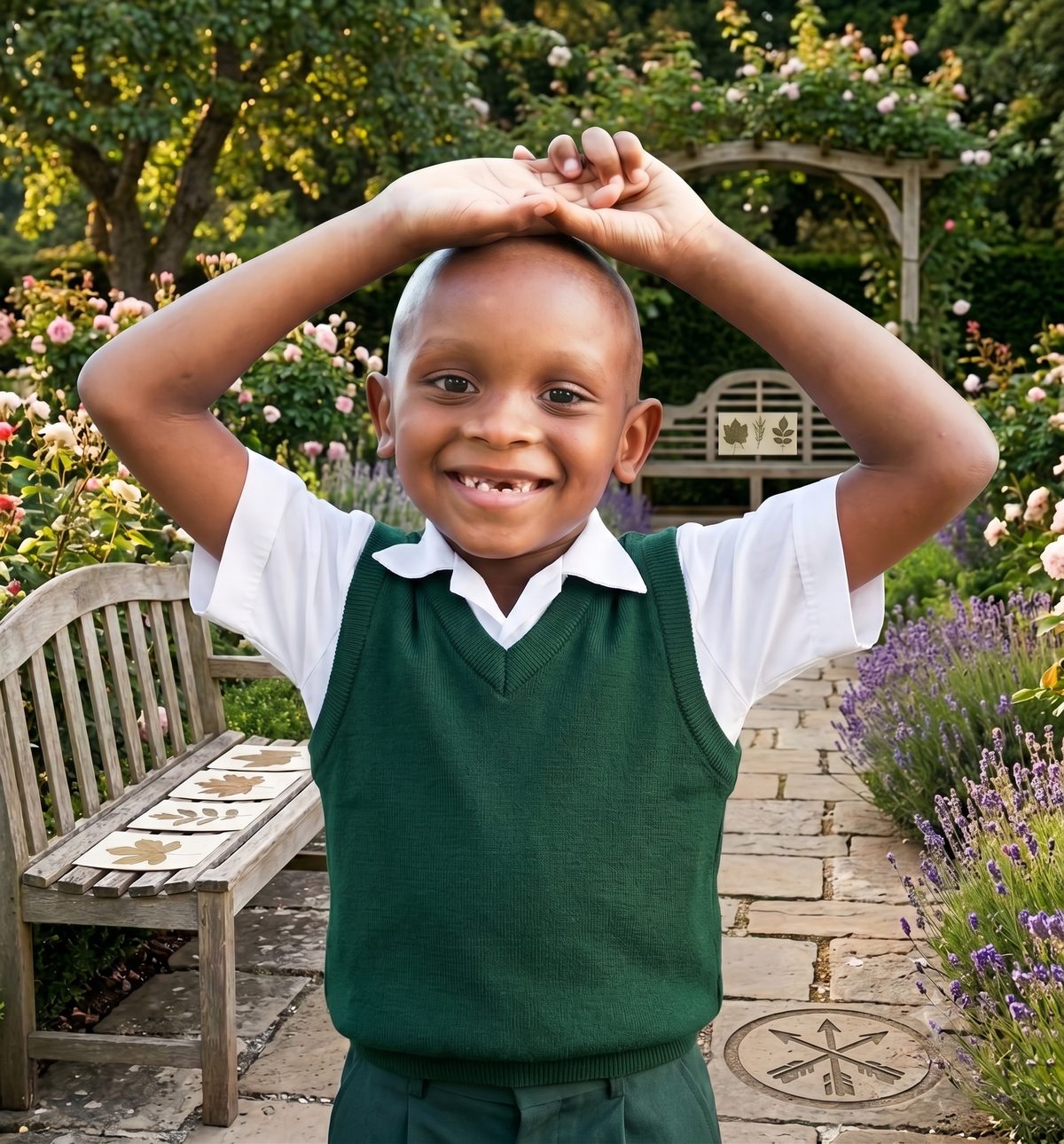 A smiling young student standing in a garden courtyard