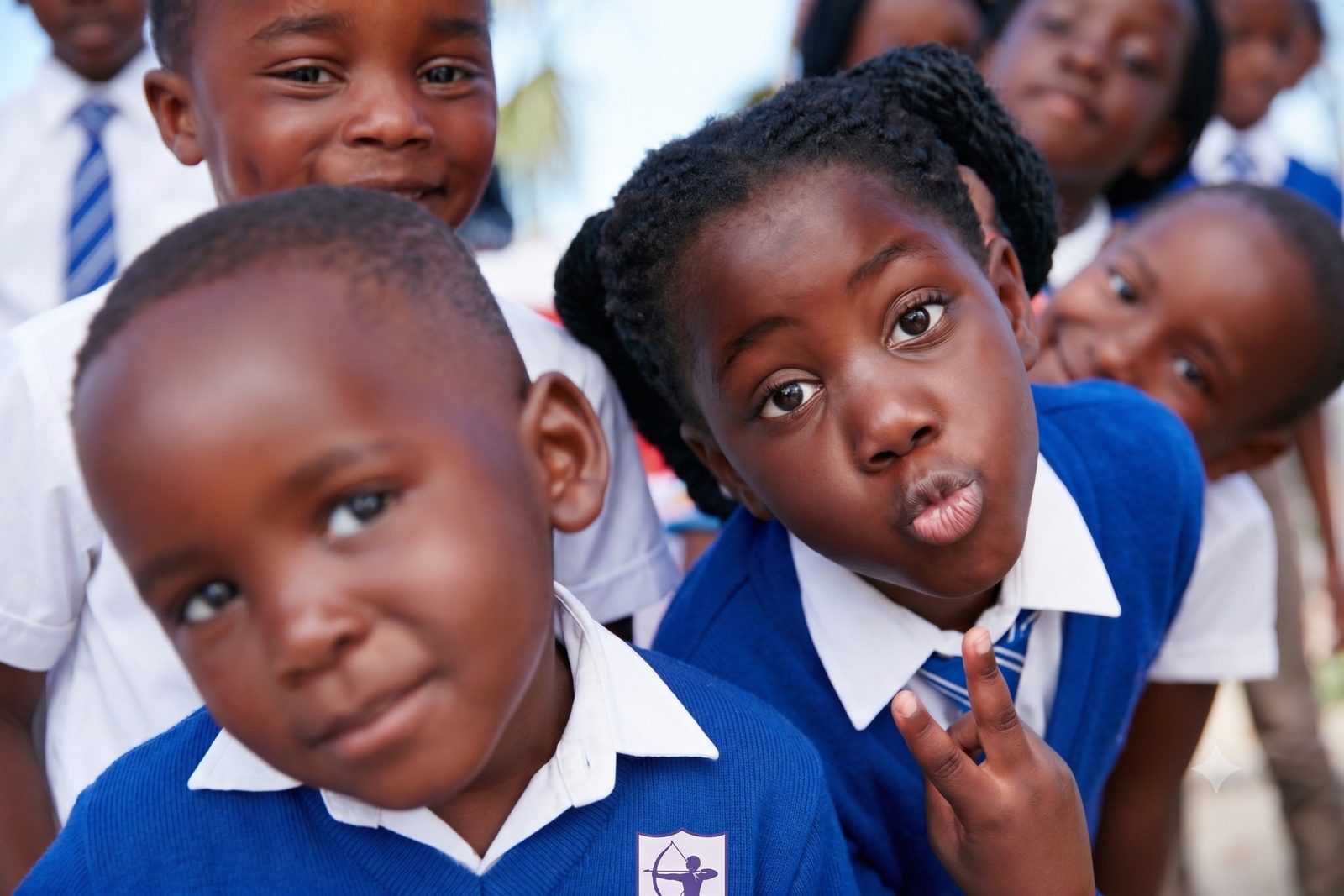 Two smiling students side by side with classmates behind them